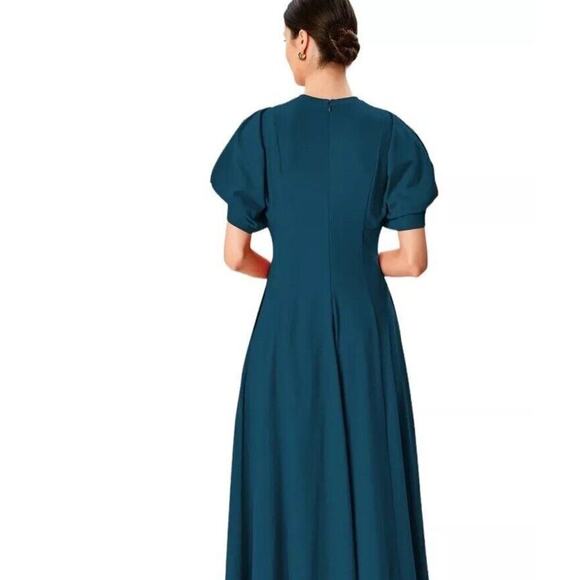 eShakti Midi Dress Size M Blue Fit Flare Asymmetric Puff Sleeve Jersey Cotton - Picture 7 of 14